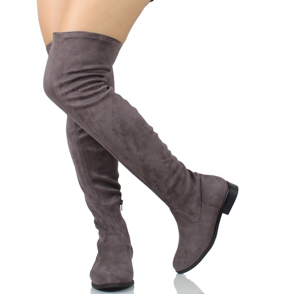 Grey faux suede over the knee low heel boot - Picture 2 of 3